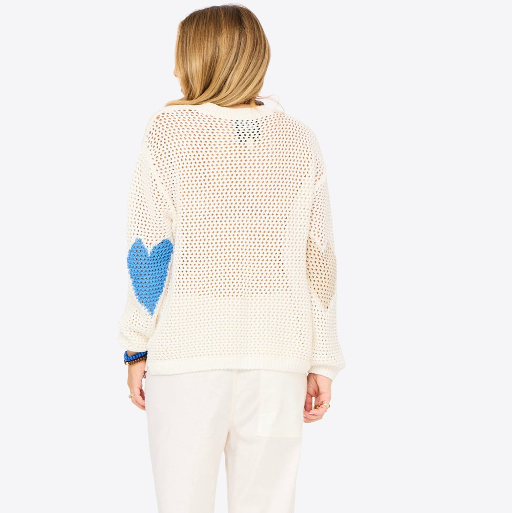 Catch open stitch off white white crochet sweater in cotton with heart elbows - women's cute sweaters by Kerri Rosenthal