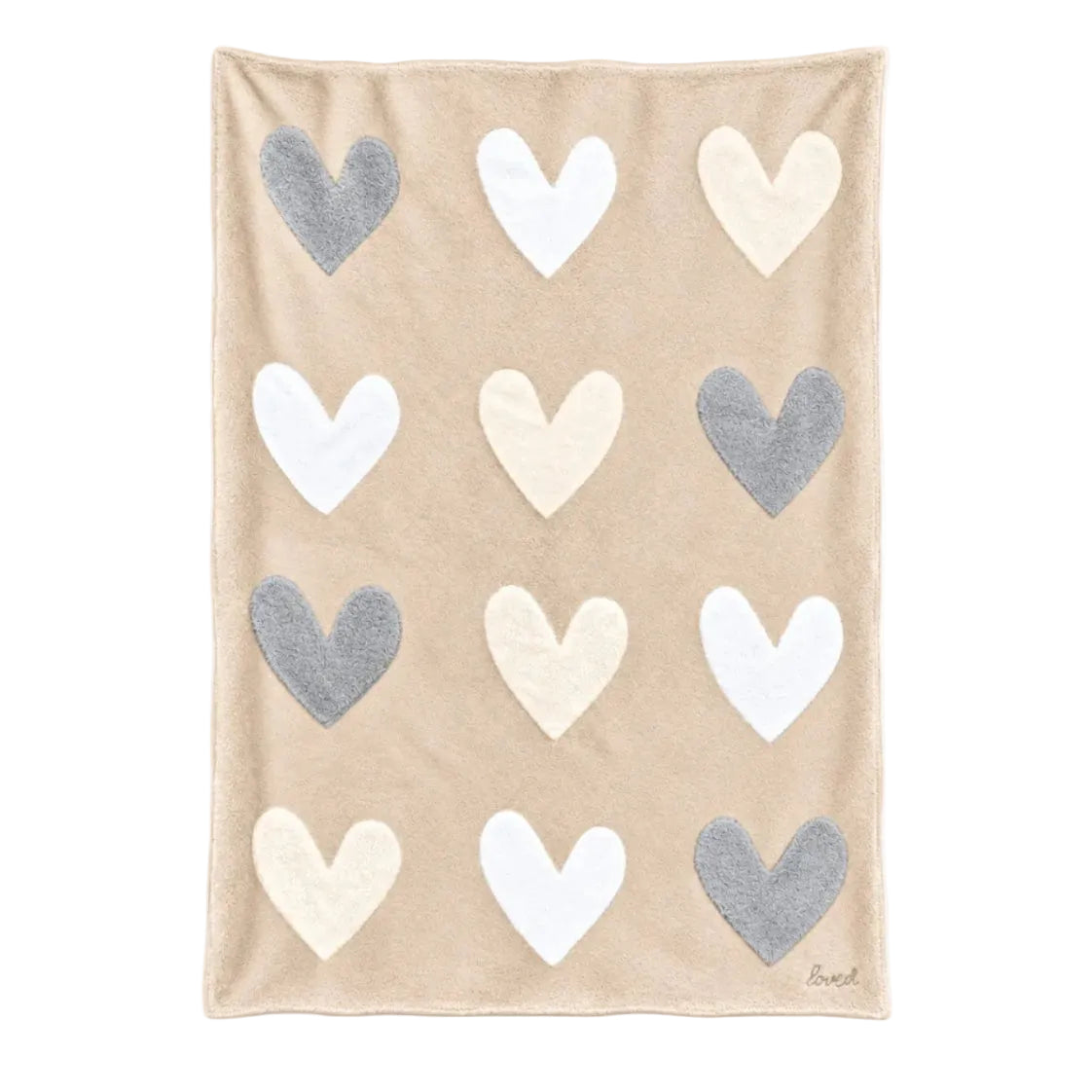 Doze Magoze blanket laid flat showing cream fabric with gray and white hearts