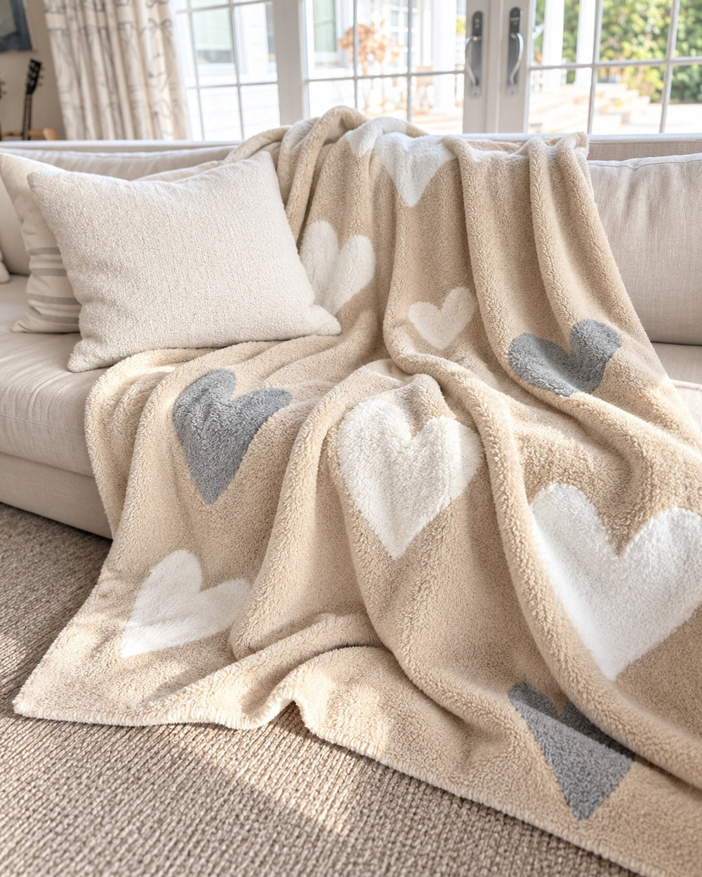 A soft fleece throw blanket draped over a light beige sofa in a bright living room. The blanket is cream-colored with large white and light gray heart patterns.