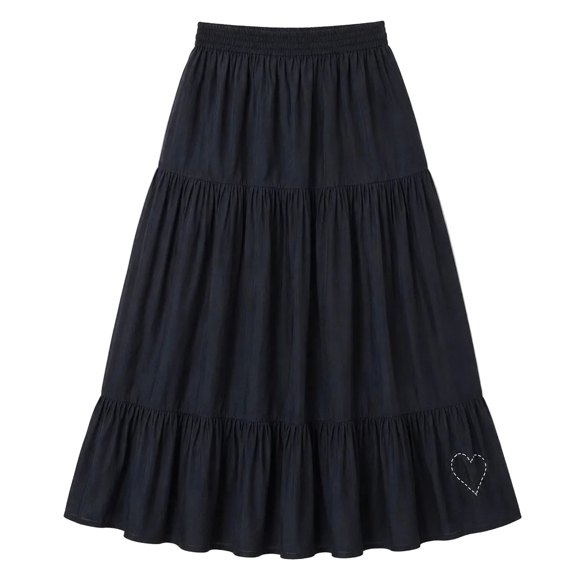 Black tiered maxi skirt with a smocked elastic waistband and a small heart embroidered near the hem. Womens clothing from Kerri Rosenthal