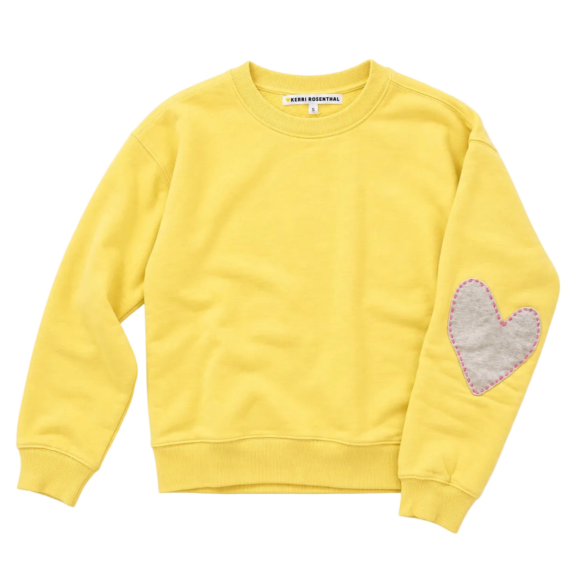 Flat view of the Boyfriend Imperfect Heart Sweatshirt in washed sunshine yellow with a gray heart elbow patch