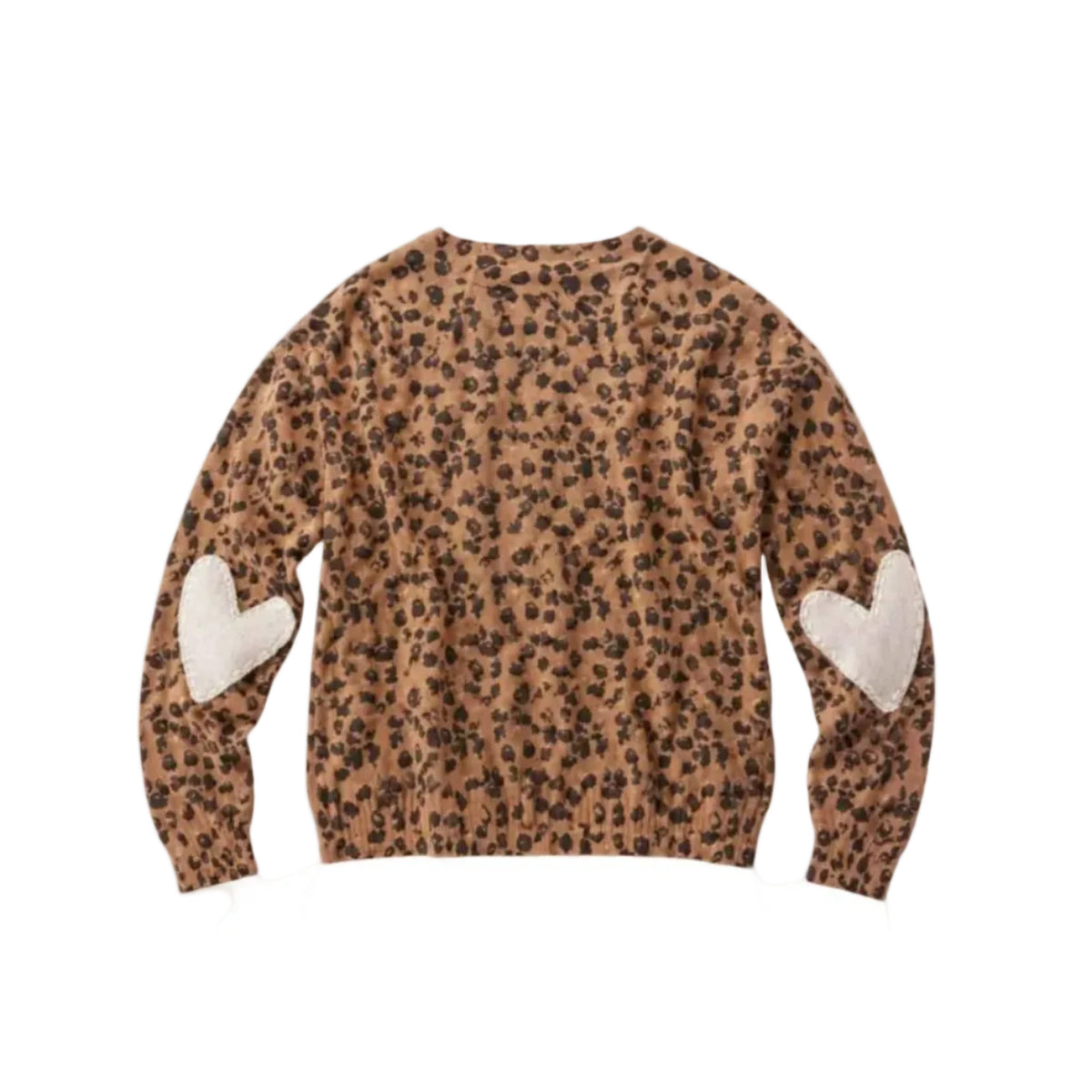 Flat lay of a brown and black leopard print long-sleeve V-neck top with white heart elbow patched