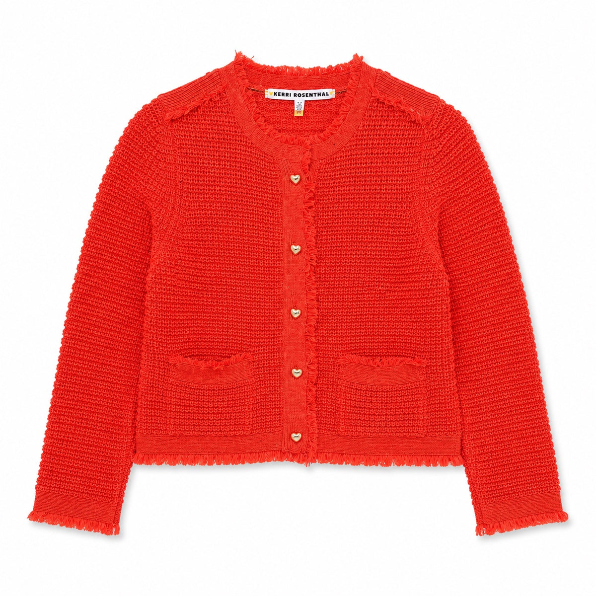 Kerri Rosenthal vermillion boucle tweed fringe jacket with gold heart buttons flat lay.