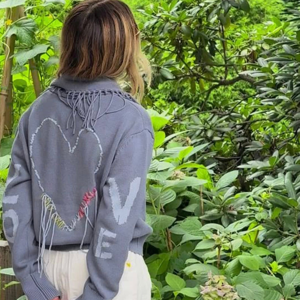 Fringe Shawl Collar Love Cardigan
