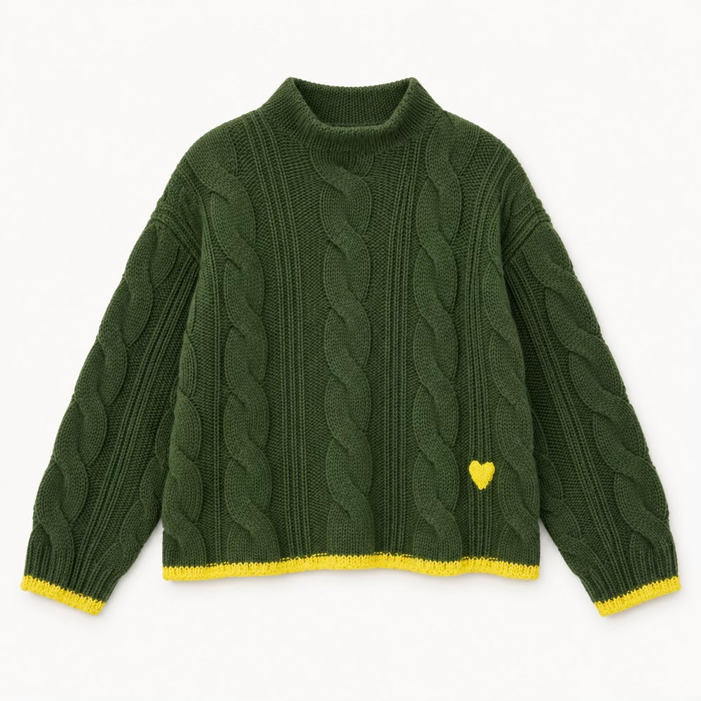 Flat view of the Hearth Sweater in spruce with yellow tipped hem and a small yellow heart
