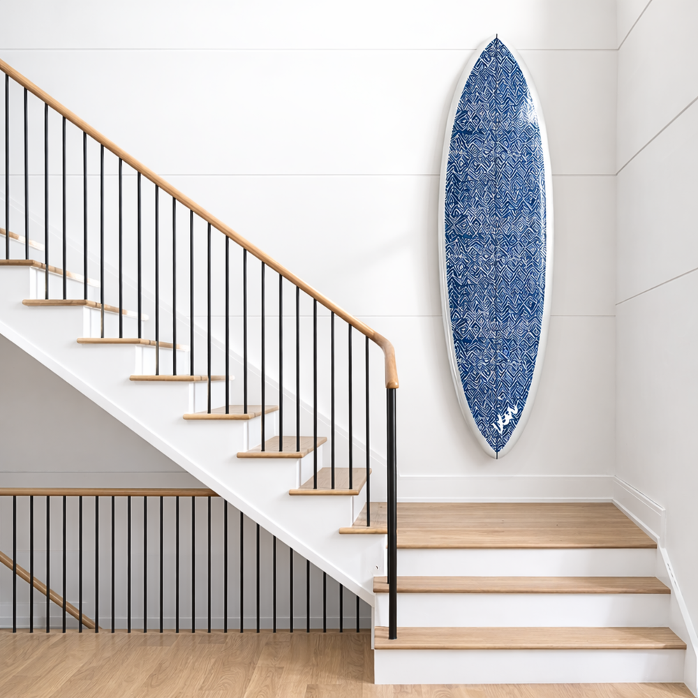 Decorative jayney denim blue surfboard in vibrant coastal charm to any room - Shop surfboards by Kerri Rosenthal