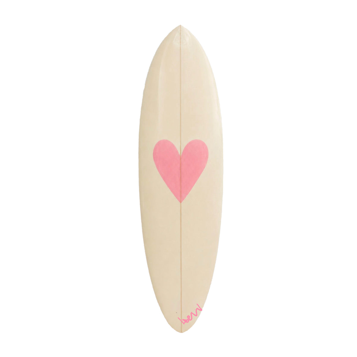 Good Love — hand-painted pink surfboard by Kerri Rosenthal, vertical canvas with a soft pink heart, signed by Kerri