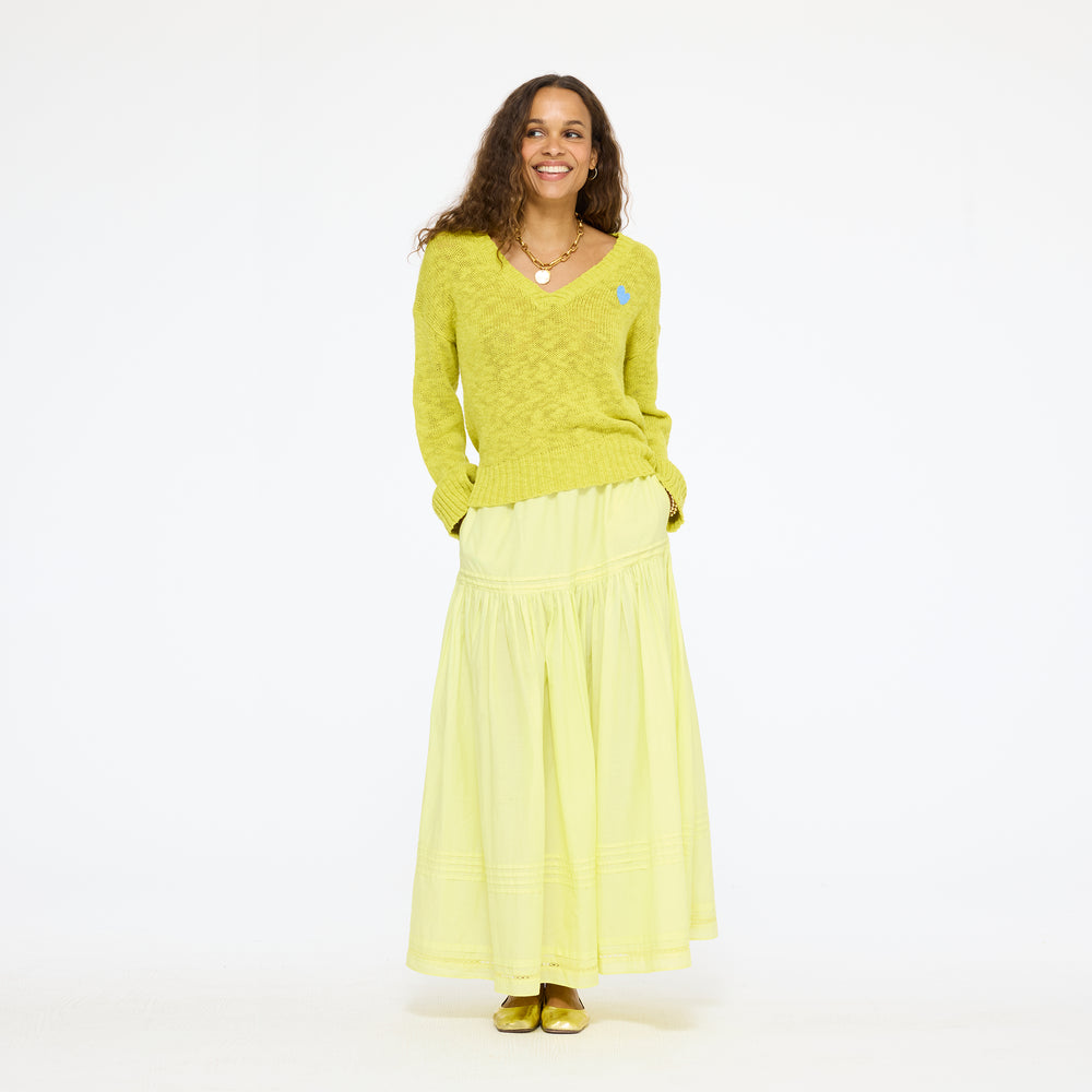 Summerland V-neck sweater lime green with lime green maxi skirt - Shop women's cute pullover sweaters by Kerri Rosenthal