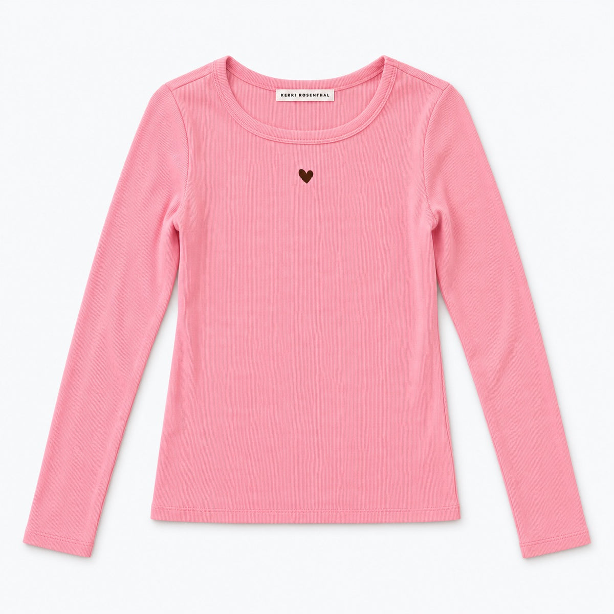 Flat view of the Long Sleeve Rib Tee in pink with a ribbed knit and a small heart at the chest