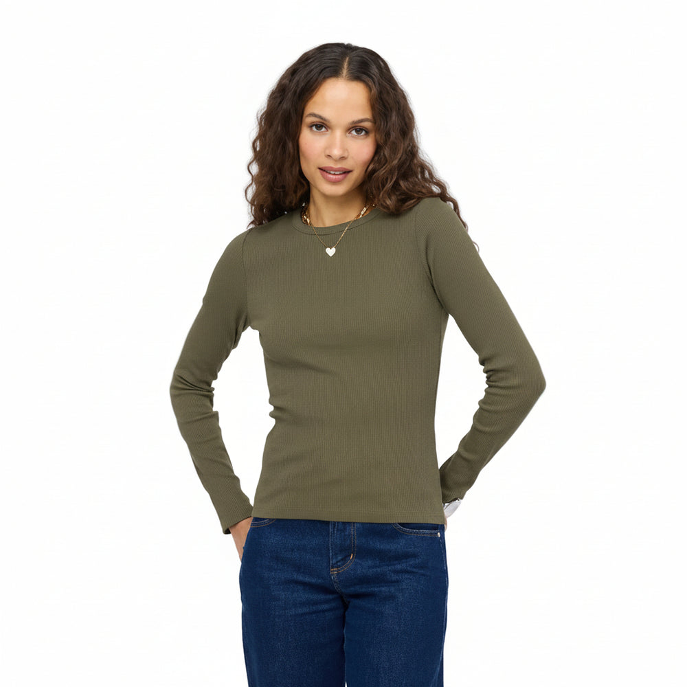 Kerri Rosenthal KR Long Sleeve Rib Tee in army green, ribbed crewneck with Imperfect Heart at center chest, view 2