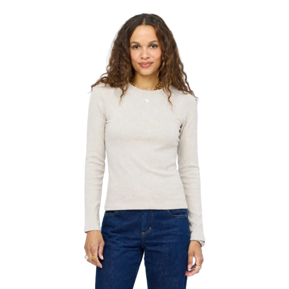 Kerri Rosenthal KR Long Sleeve Rib Tee in oatmeal heather, ribbed crewneck with Imperfect Heart at center chest, view 2