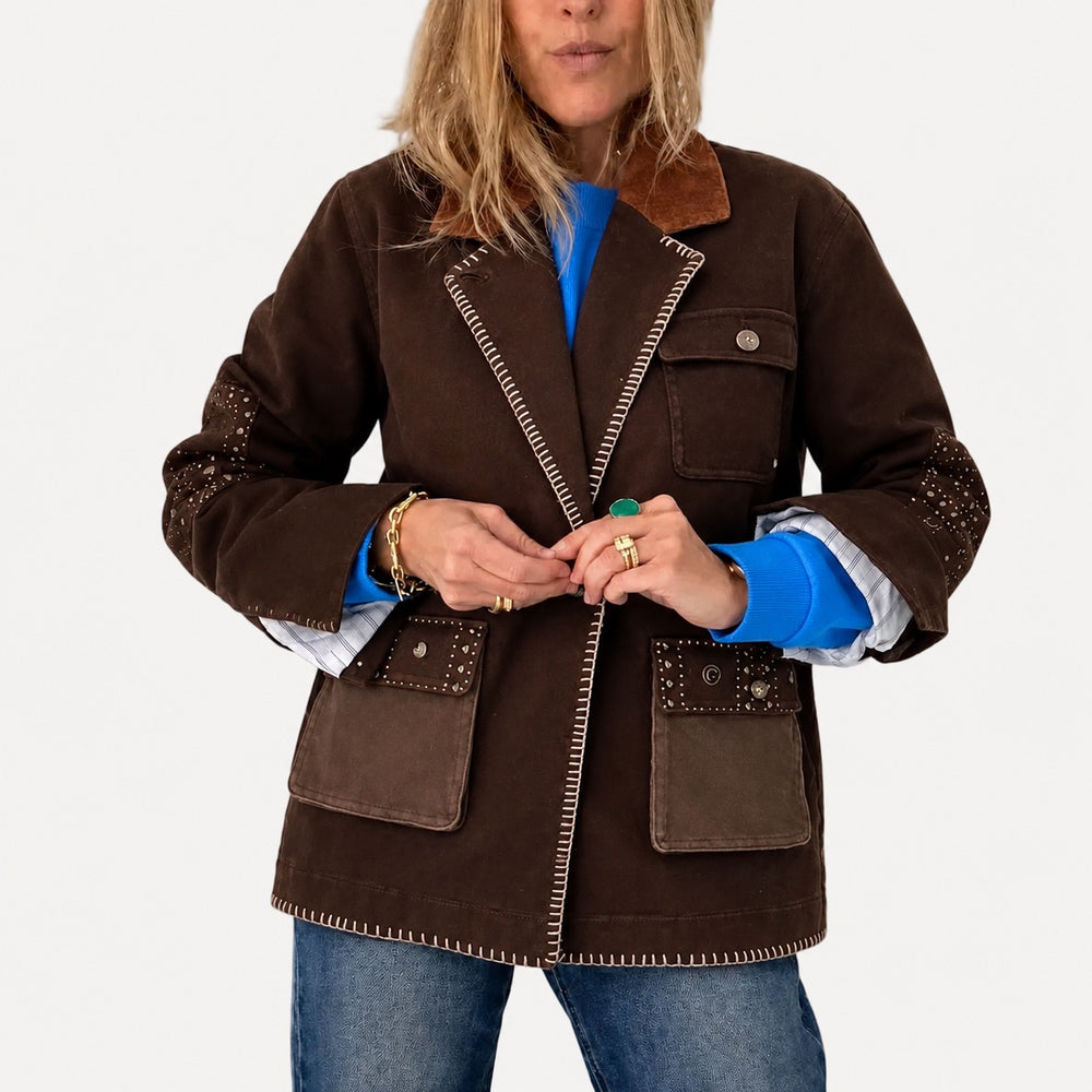 Kerri Rosenthal Love Brigade Barn Blazer in brown brushed cotton twill with corduroy denim undercollar — shop women's blazers by Kerri Rosenthal