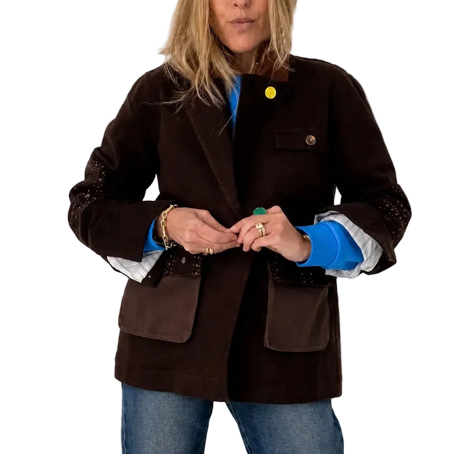 Kerri Rosenthal Love Brigade Barn Blazer in brown brushed cotton twill with corduroy denim undercollar — shop women's blazers by Kerri Rosenthal