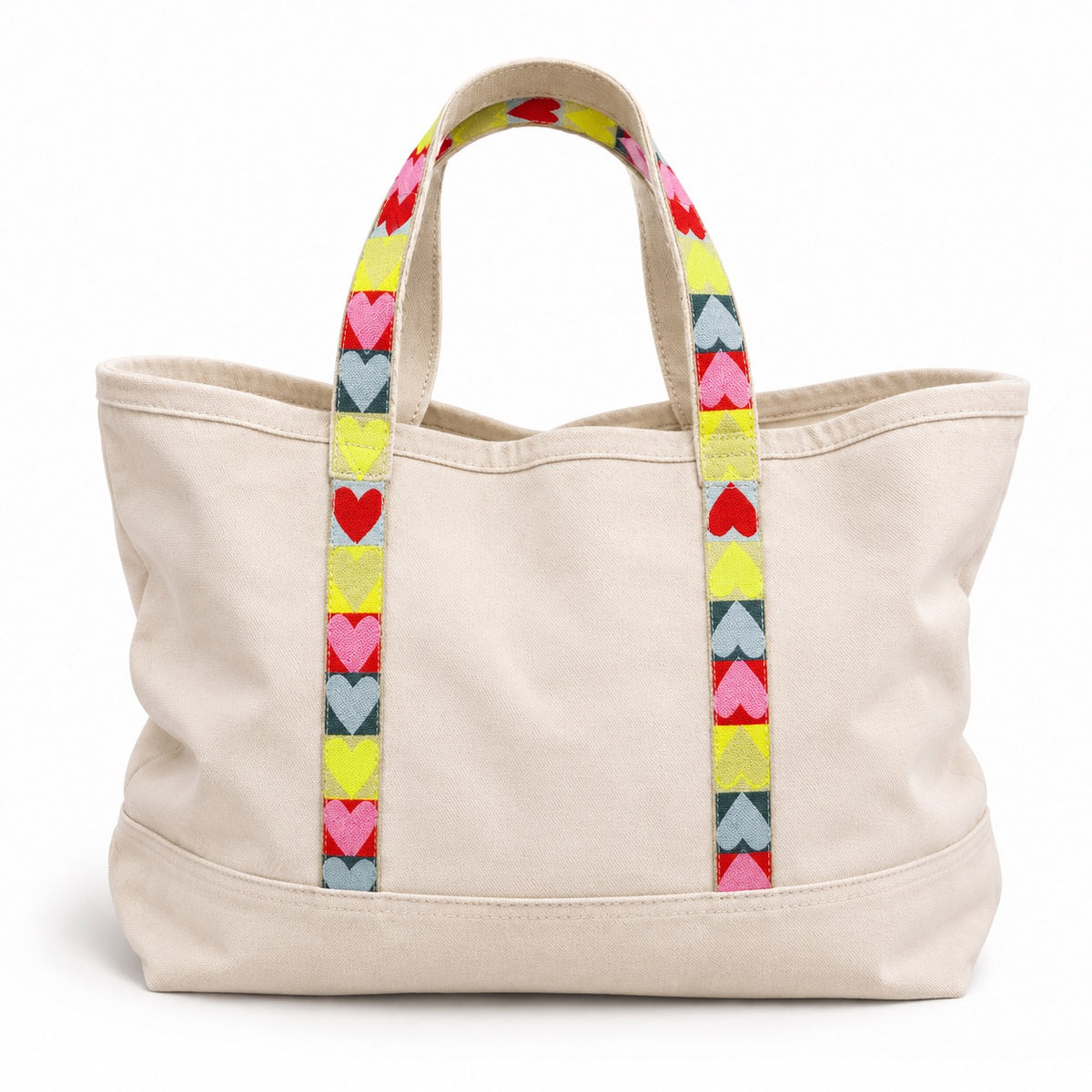 Love brigade multicolor tote in 100% cotton canvas with 'Love Brigade' tape embroidered by Kerri Rosenthal