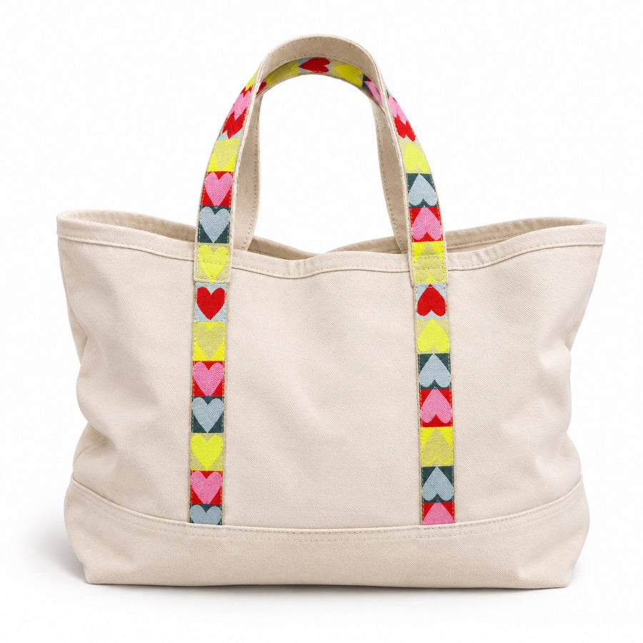 Love brigade multicolor tote in 100% cotton canvas with 'Love Brigade' tape embroidered by Kerri Rosenthal