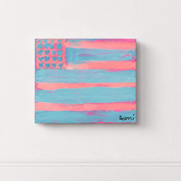 Kerri Rosenthal painting — American flag motif in pink and blue with heart-shaped stars.