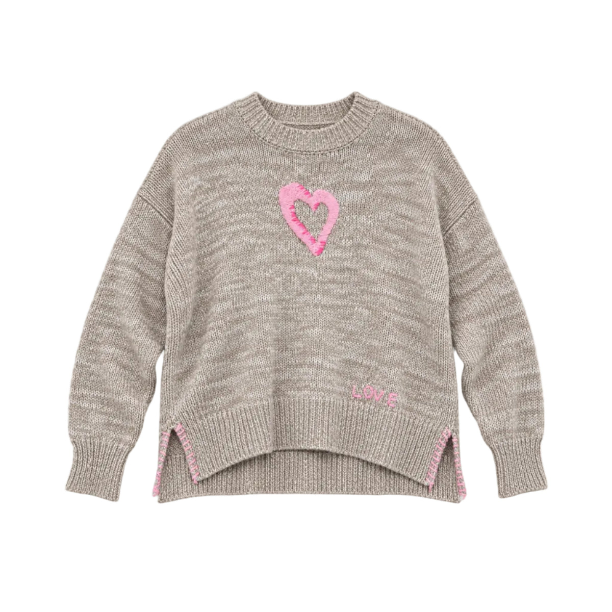 Flat view of the Lovey Heart Pullover in taupe with a pink heart at the chest