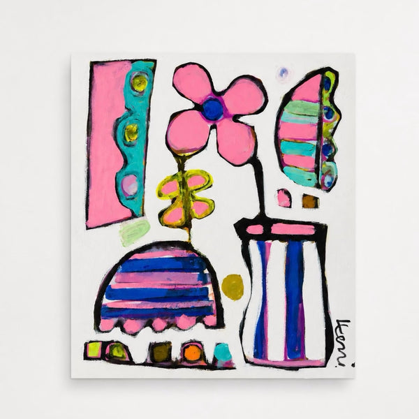 Lunch Alfresco by Kerri Rosenthal is a colorful, expressive artwork featuring playful florals, graphic shapes, and bold painterly details in pink, blue, green, orange, and black.
