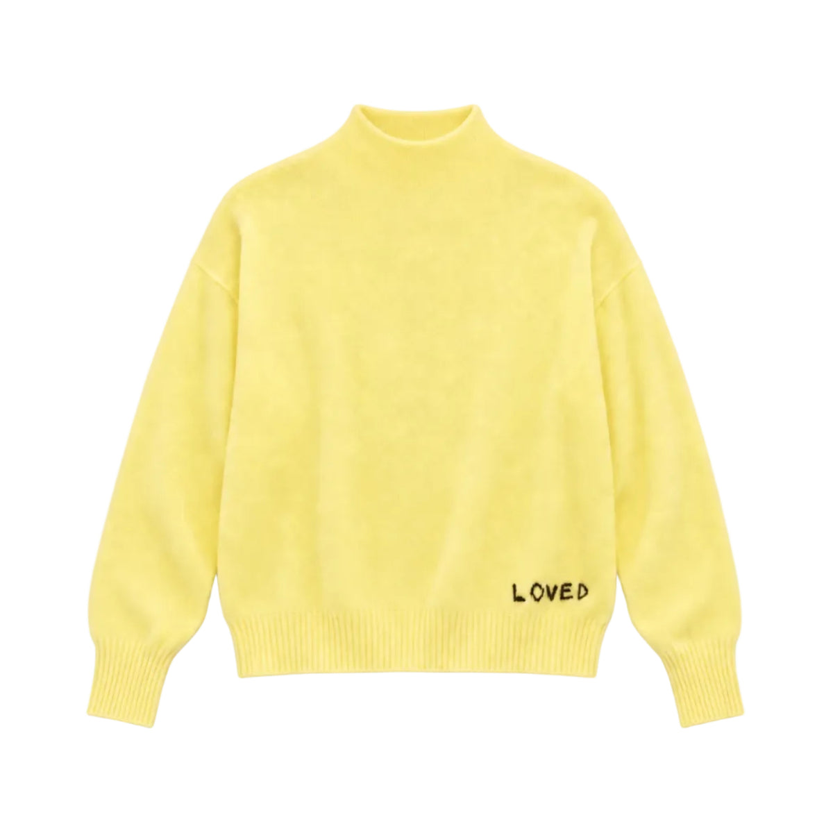 Flat view of the Mad Love Mock Neck Sweater in golden yellow with 'loved' embroidered at the hem