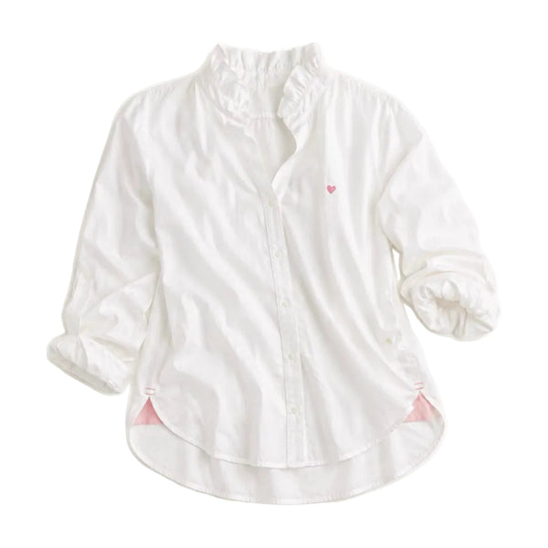 Kerri Rosenthal Mia Ruffle Shirt in white cotton with ruffle collar — shop women's shirts by Kerri Rosenthal