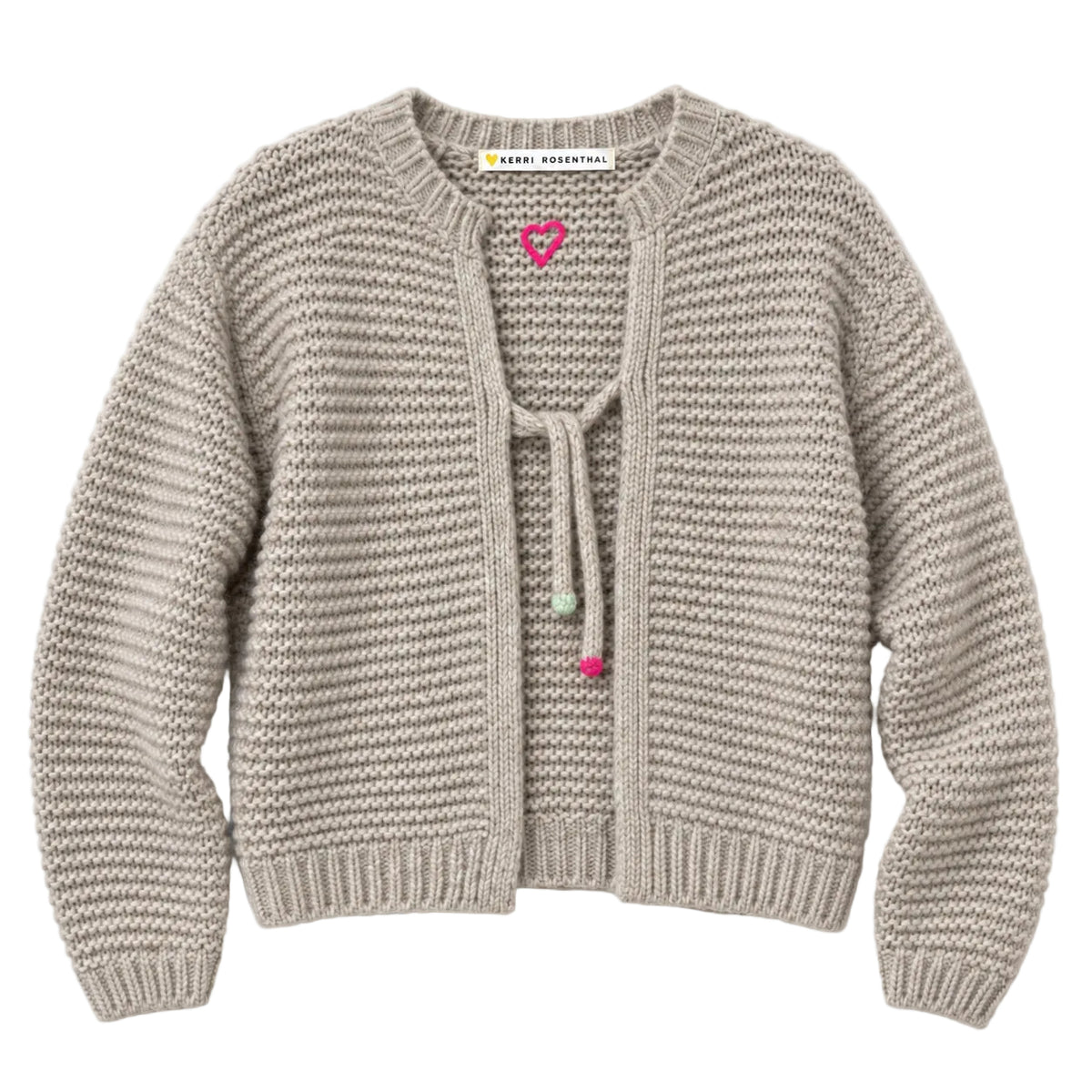 Flat view of the Modern Love Cardigan in taupe with a tie front and chunky ribbed knit