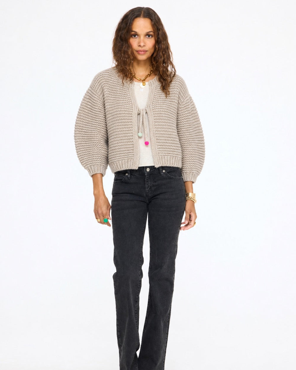 Model wearing the Modern Love Cardigan in taupe tied at the front with black jeans, full length front view