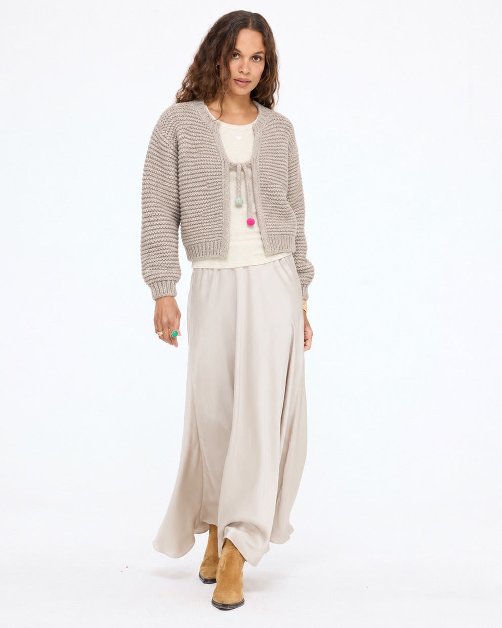 Model wearing the Modern Love Cardigan in taupe with the Ali Maxi Skirt in taupe, full length front view