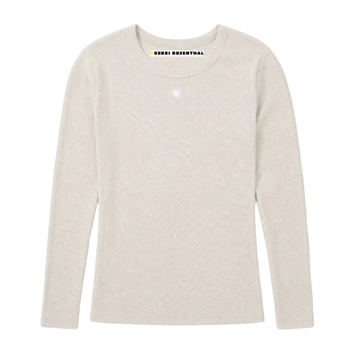Kerri Rosenthal KR Long Sleeve Rib Tee in oatmeal heather, ribbed crewneck with Imperfect Heart at center chest