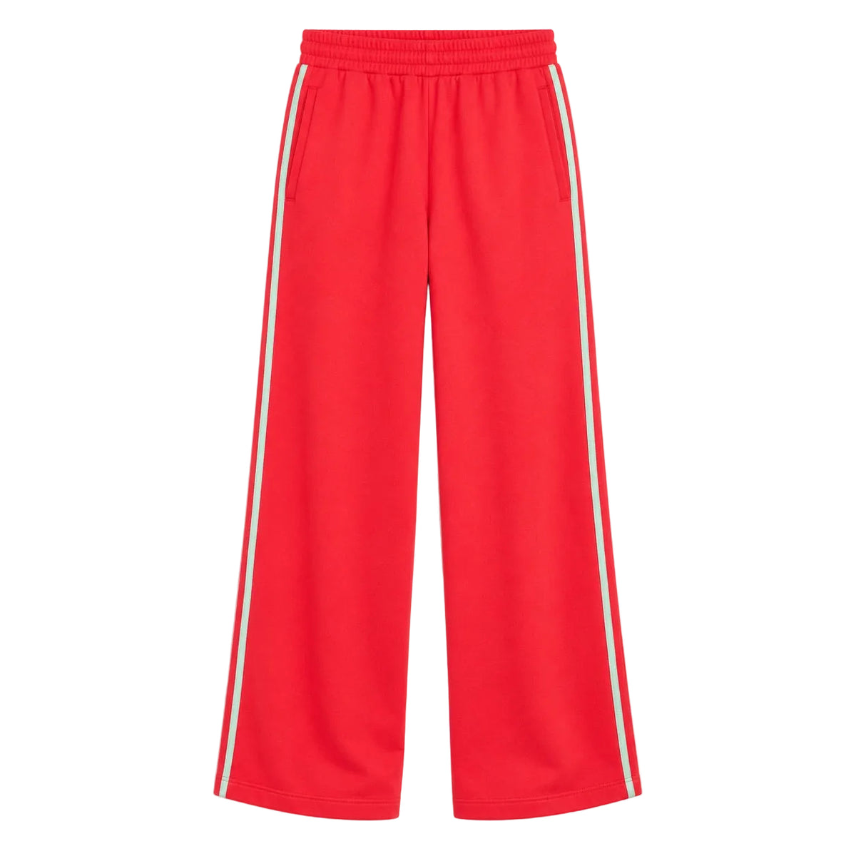 Flat view of the Super Soft Fleece Weekend Palazzo in red with white side stripes