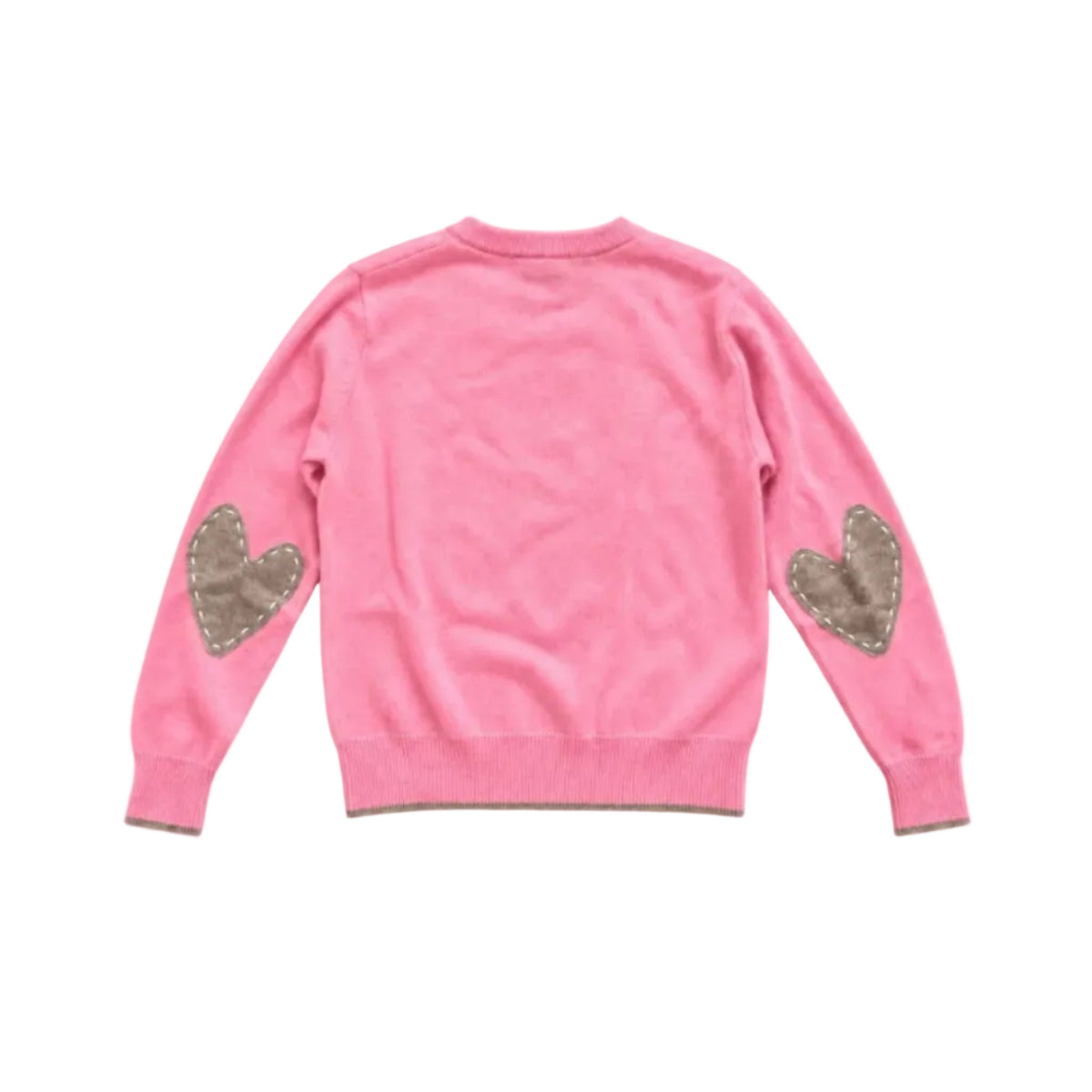 Flat view of the Patchwork Pullover Sweater in pink with tan heart elbow patches