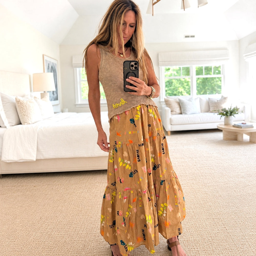Kerri Rosenthal Point Dume tiered cotton maxi skirt in a multicolor painterly print.