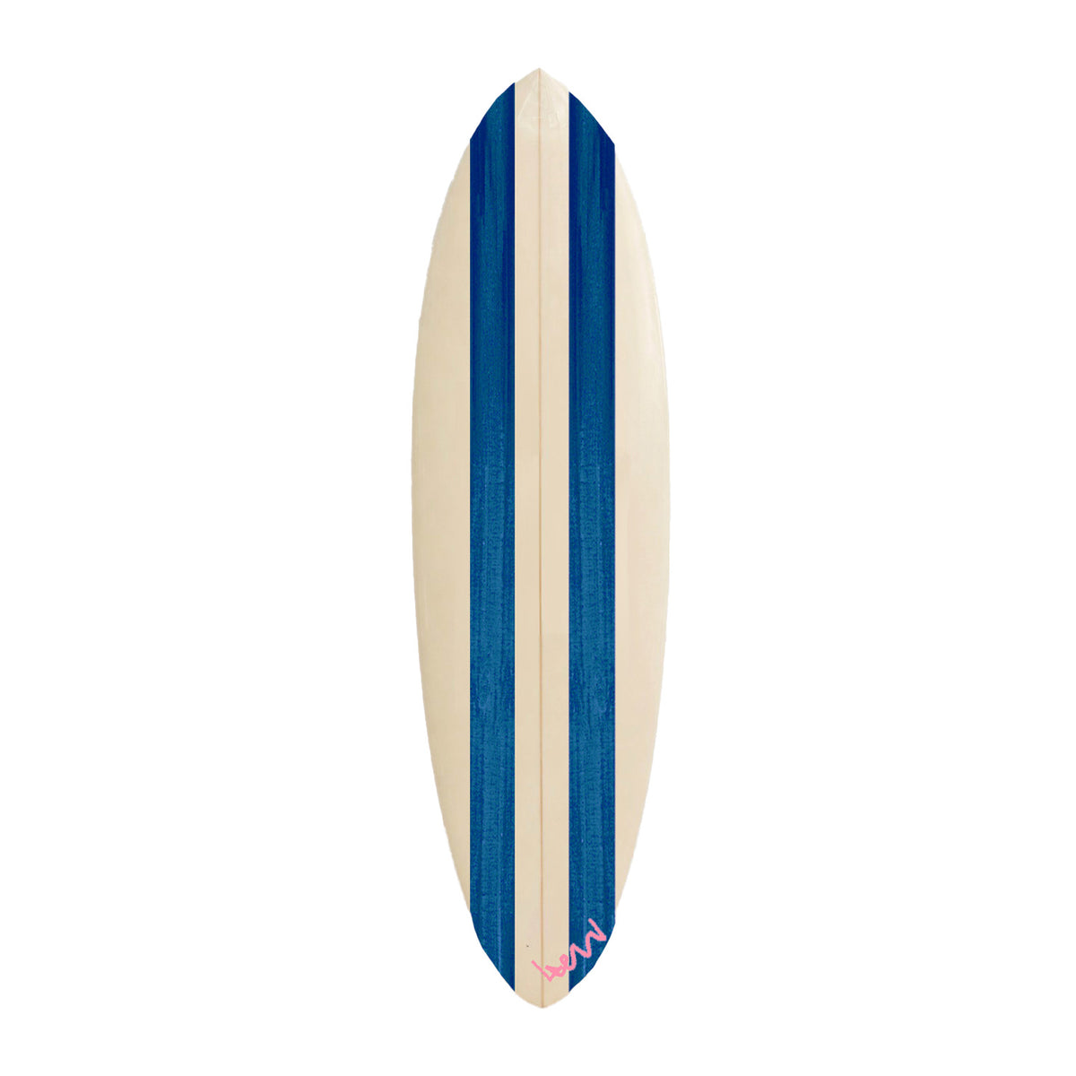 Positano Stripe — hand-painted indigo blue surfboard by Kerri Rosenthal, vertical canvas of coastal stripes, signed by Kerri