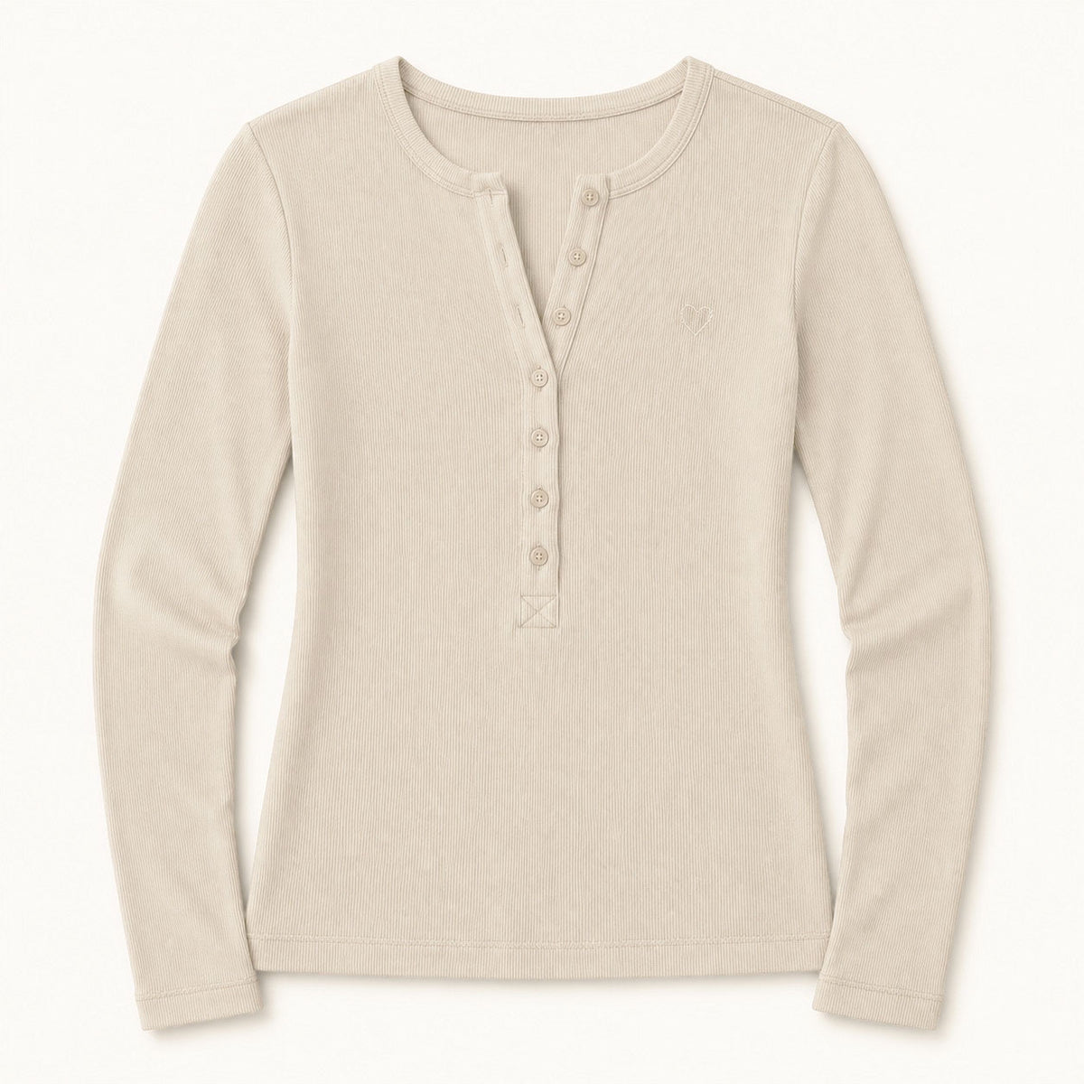 Kerri Rosenthal ivory ribbed henley with buttons at center front flat lay