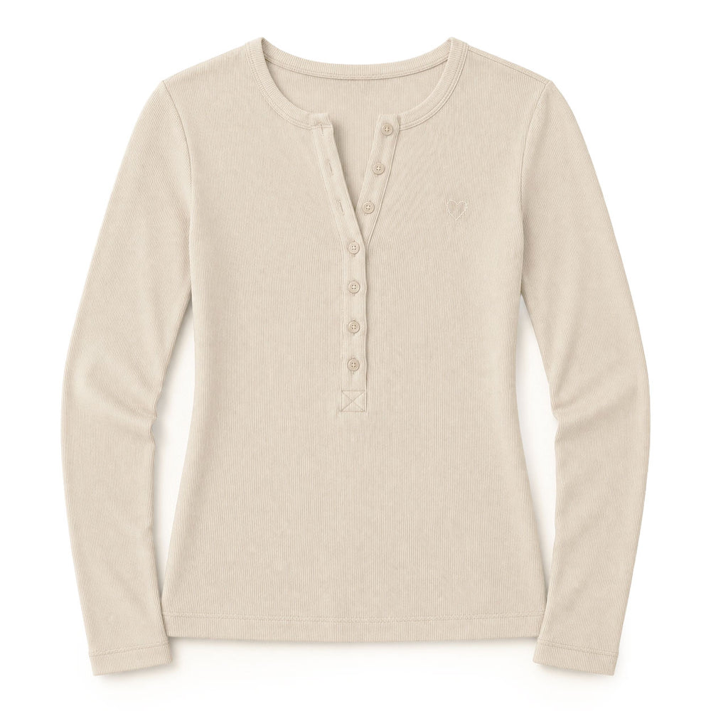 Kerri Rosenthal ivory ribbed henley with buttons at center front flat lay