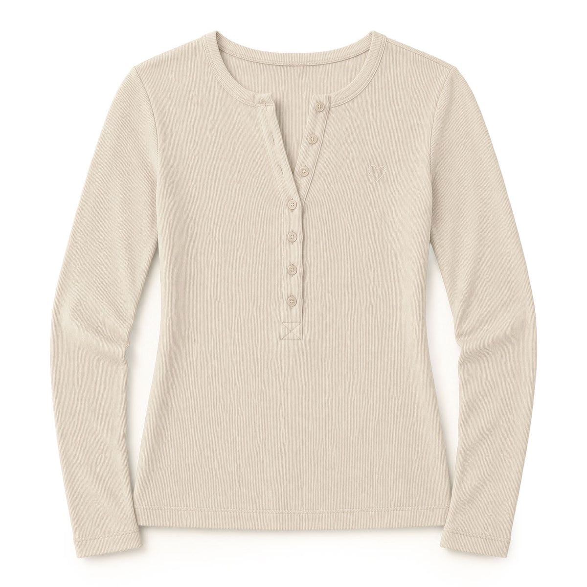 Kerri Rosenthal ivory ribbed henley with buttons at center front flat lay