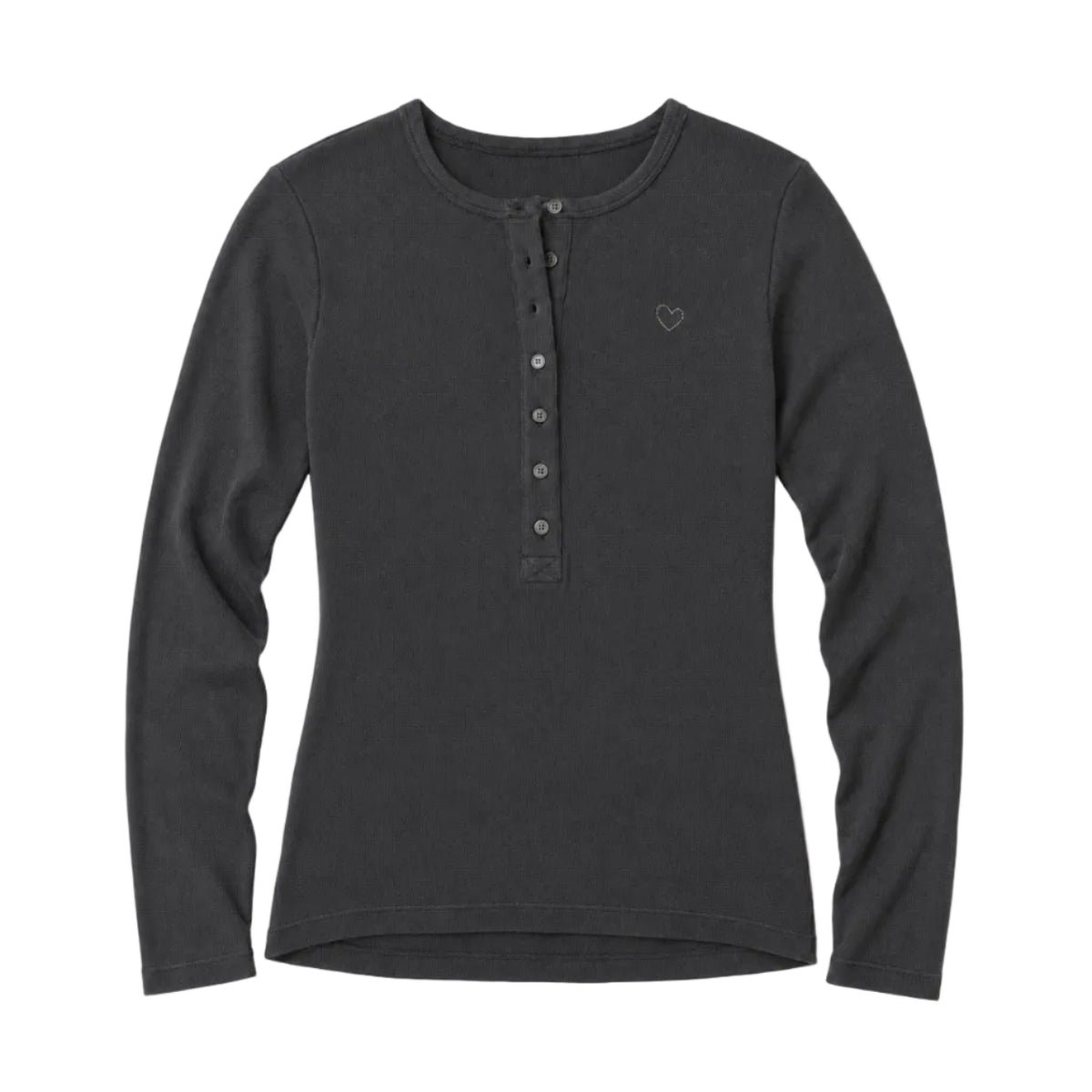 Flat lay of Kerri Rosenthal Long Sleeve Rib Henley in anthracite with buttons at center front