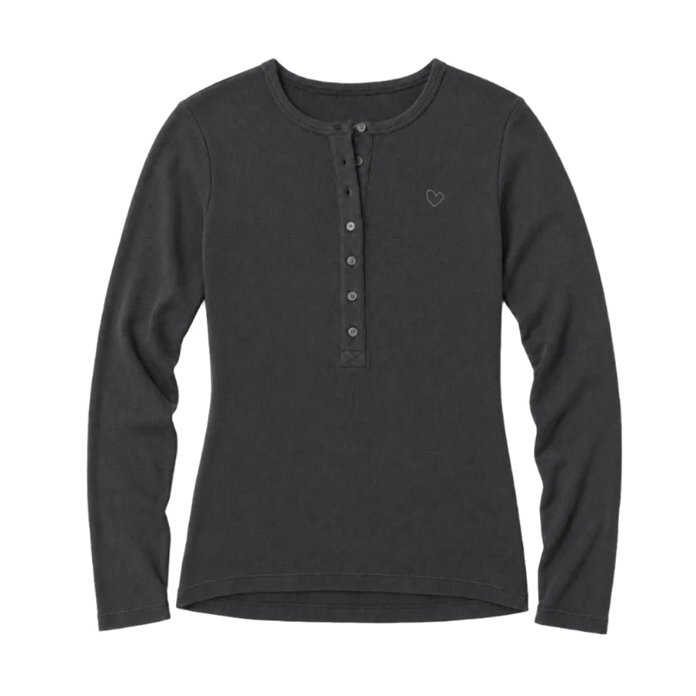 Flat lay of Kerri Rosenthal Long Sleeve Rib Henley in anthracite with buttons at center front