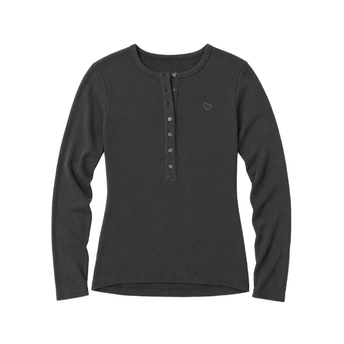 Flat lay of Kerri Rosenthal Long Sleeve Rib Henley in anthracite with buttons at center front