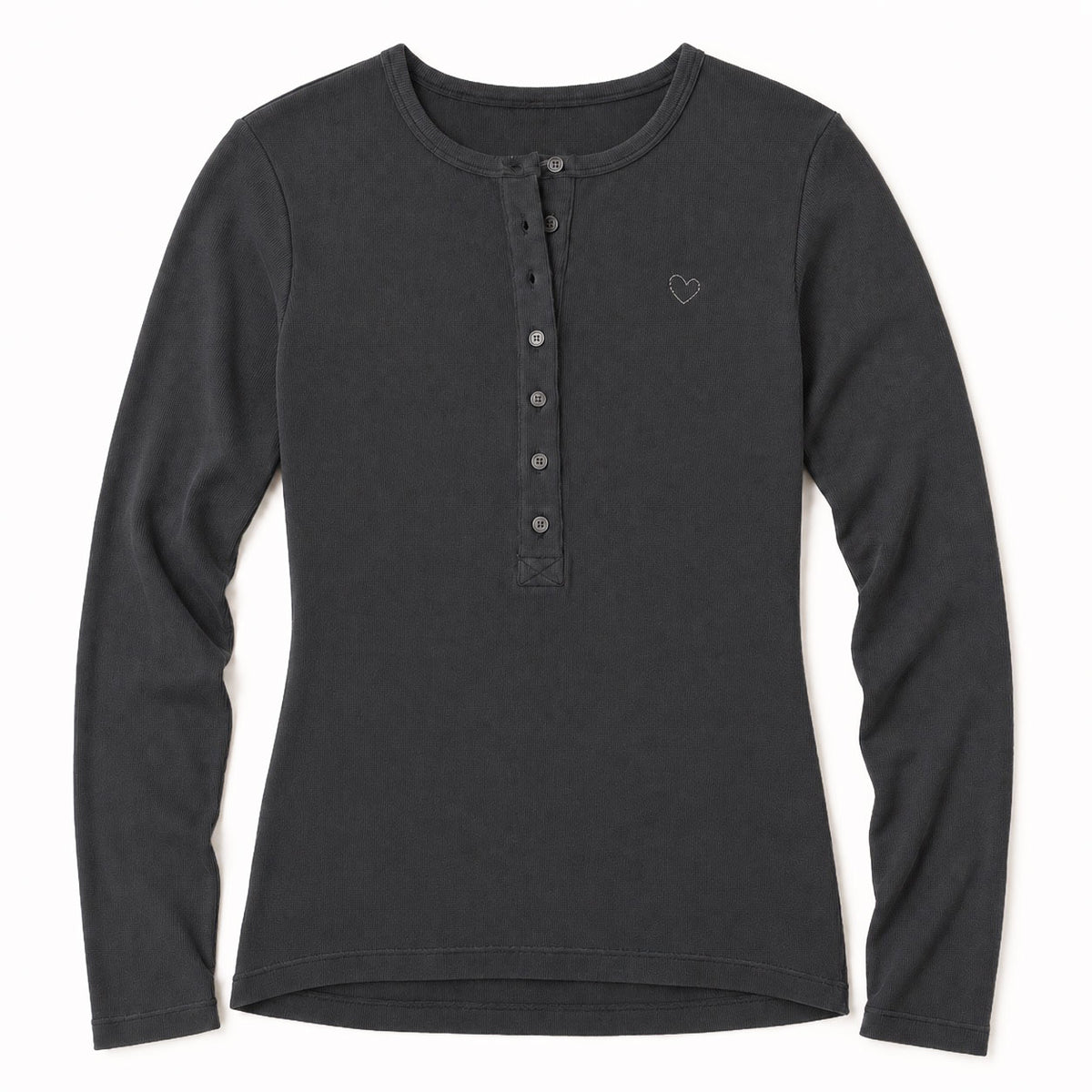 Flat lay of Kerri Rosenthal Long Sleeve Rib Henley in anthracite with buttons at center front
