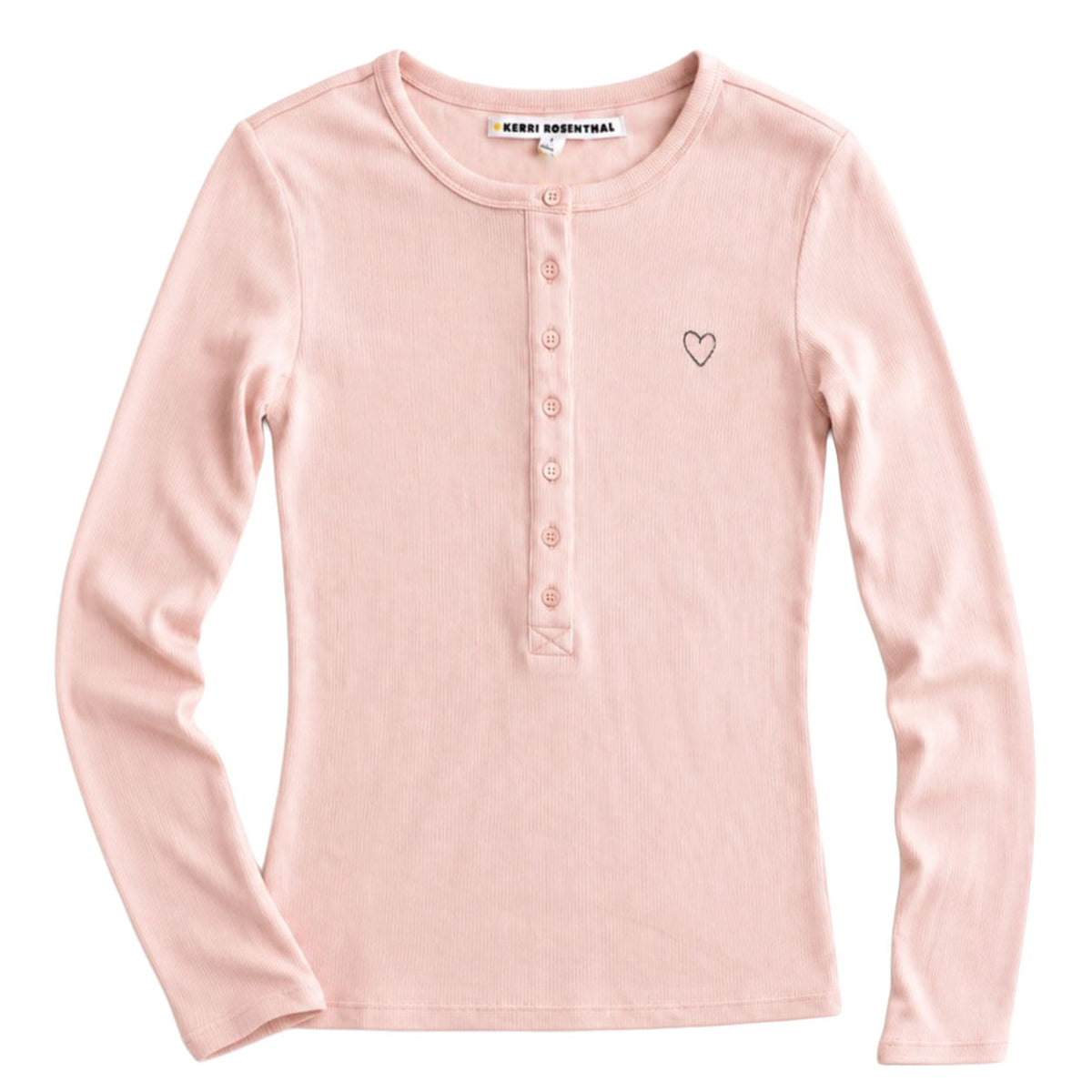 Long Sleeve Rib Henley, Hardly Pink. with small buttons on the front and a dark grey embroidered heard on chest.