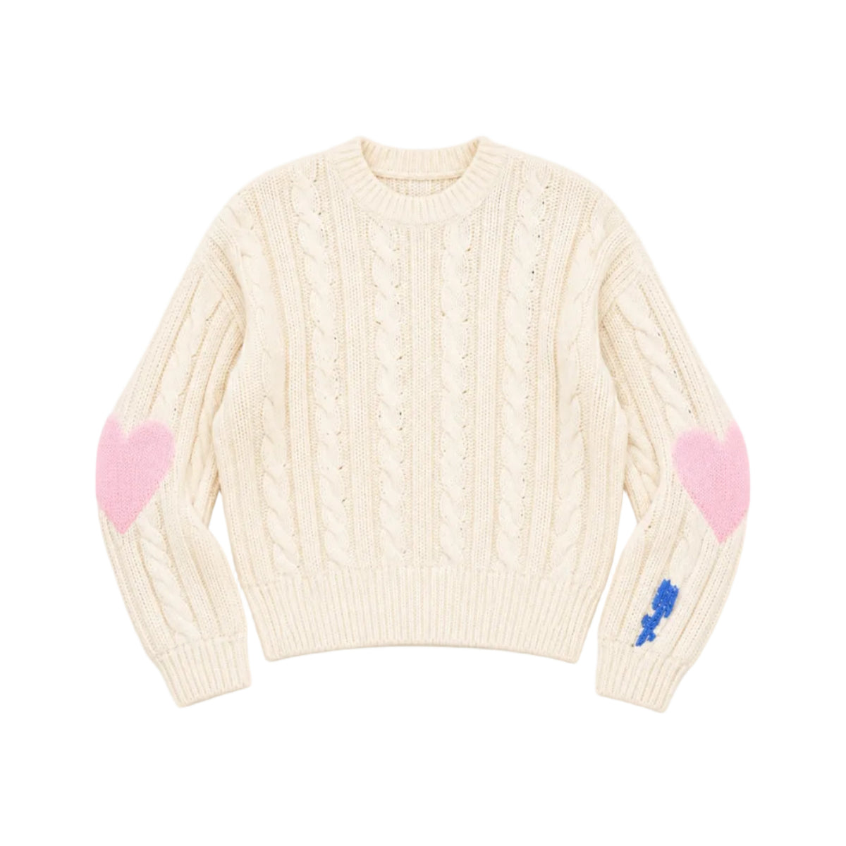 Flat view of the Rocky Patchwork Sweater in cream cable knit with pink heart elbow patches