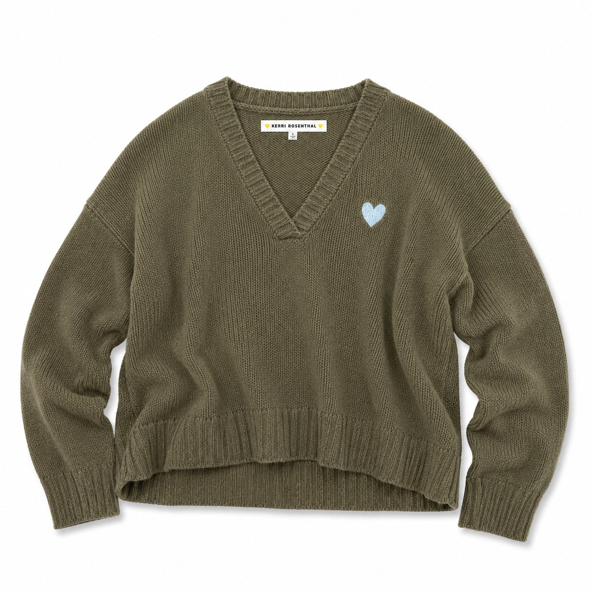 Saturday V-neck cotton knit sweater in army green with embroidered blue heart flay lay- Shop women's sweaters by Kerri Rosenthal