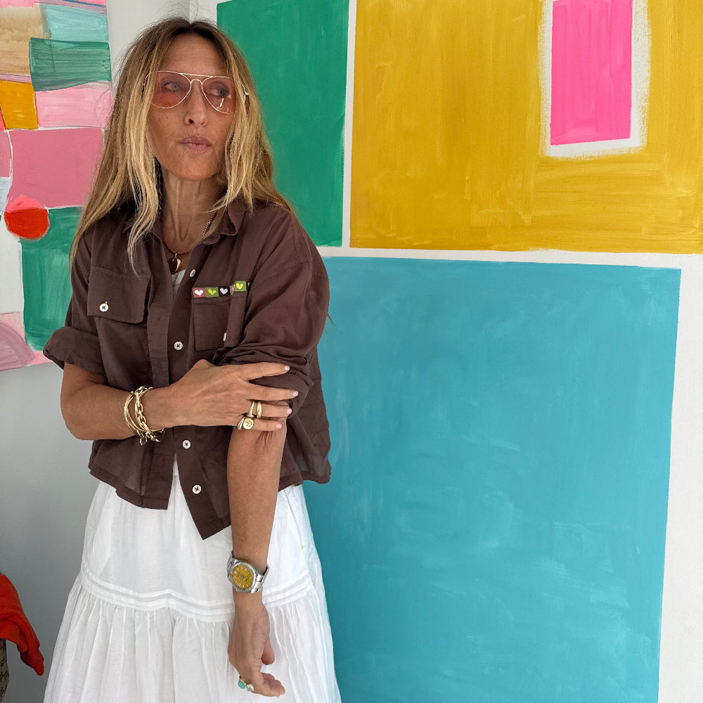 Kerri Rosenthal Tia Love Brigade Shirt in caramel sheer cotton voile with heart elbow patches.