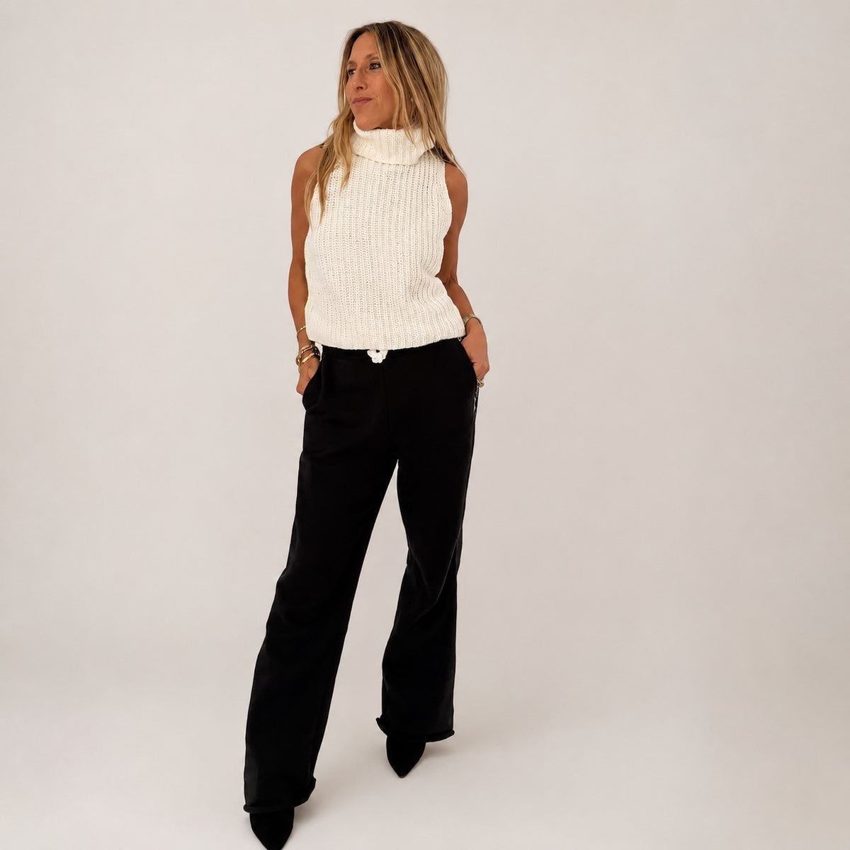 Kerri Rosenthal Shelly Sweater in natural cotton-cashmere, sleeveless turtleneck with citron seam detail, view 2