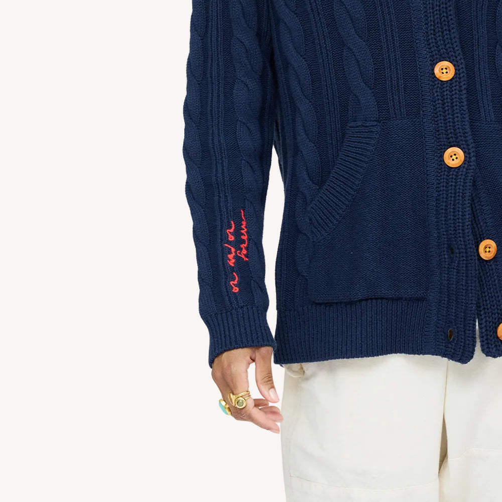 Helen shawl collar blue button-front cardigan in cotton cashmere blend with multi-color braided art and pockets embroidered sleeve 'on and on forever' - Shop women’s cardigans by Kerri Rosenthal