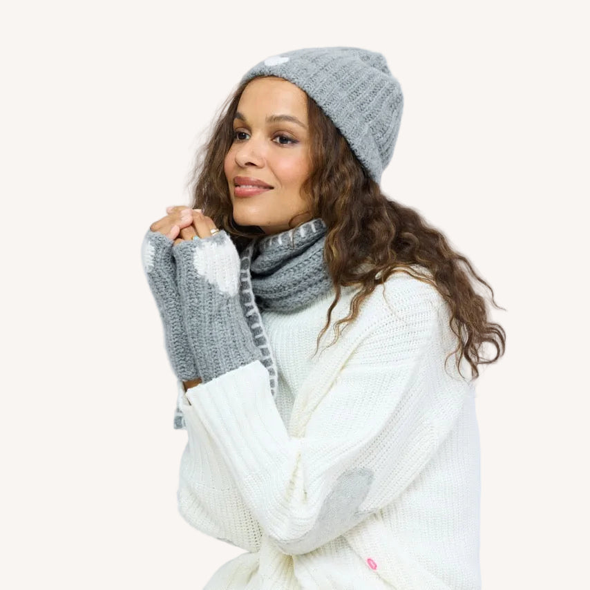 Model wearing grey ribbed Cashmere Beanie paired with Loved Cashmere Smittens and Loved Loop Scarf, side view.