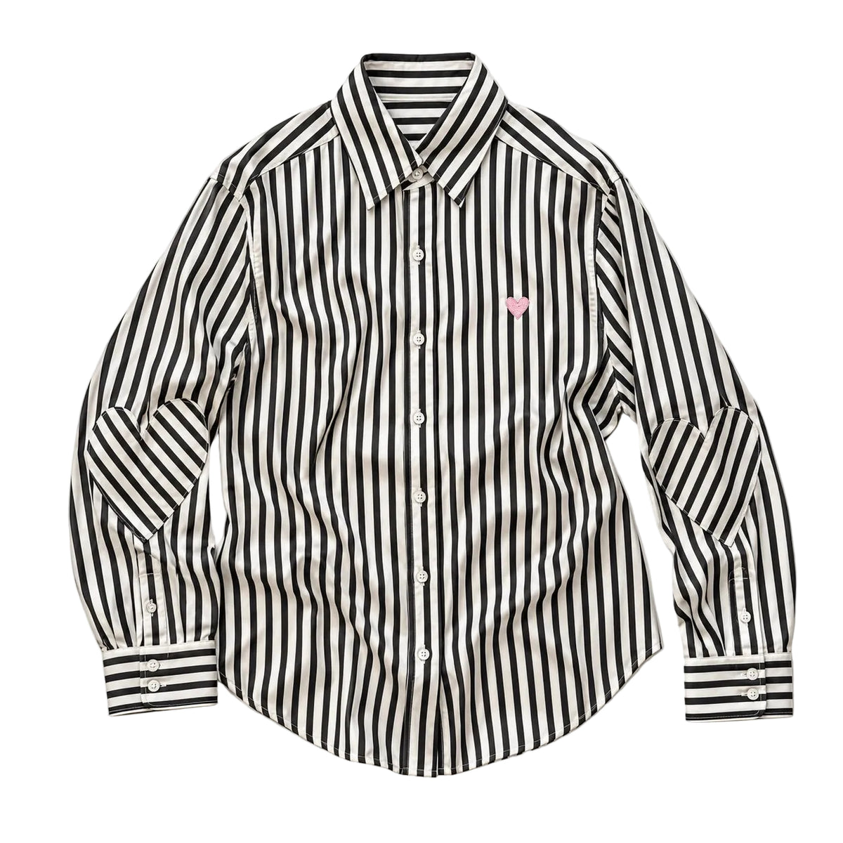 Flat view of the Keaton Stripe Shirt in cream and black stripe with a button front and long sleeves