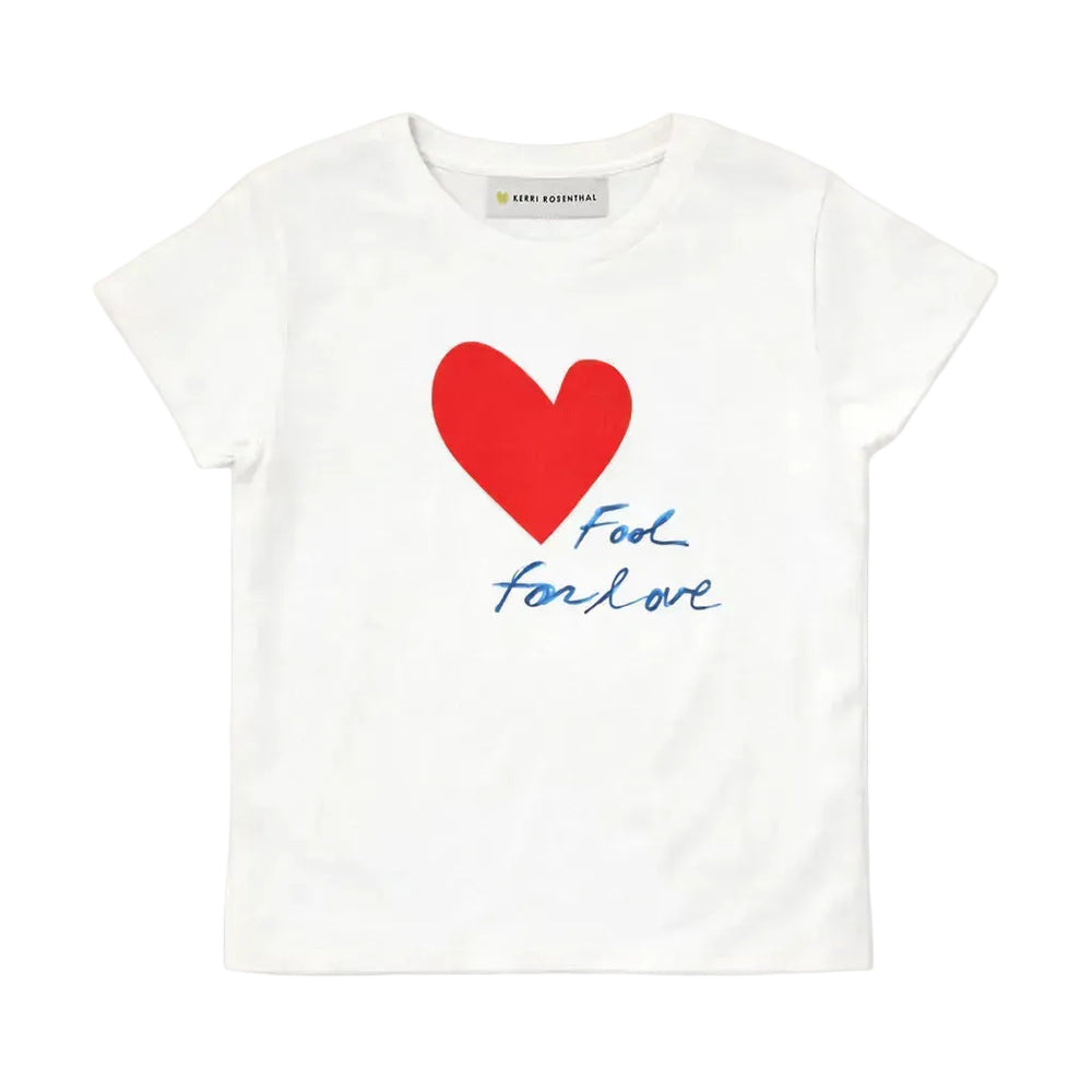 Suke white tee with Kerri's Imperfect Heart and 'Fool for Love' artwork in 100% cotton - Shop women's cute tees by Kerri Rosenthal