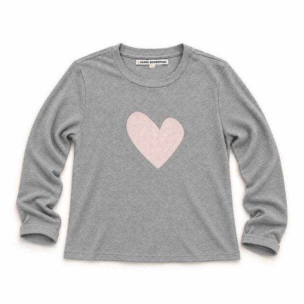 Long Sleeve Suke Tee in  Heather Gray with heart print on chest.