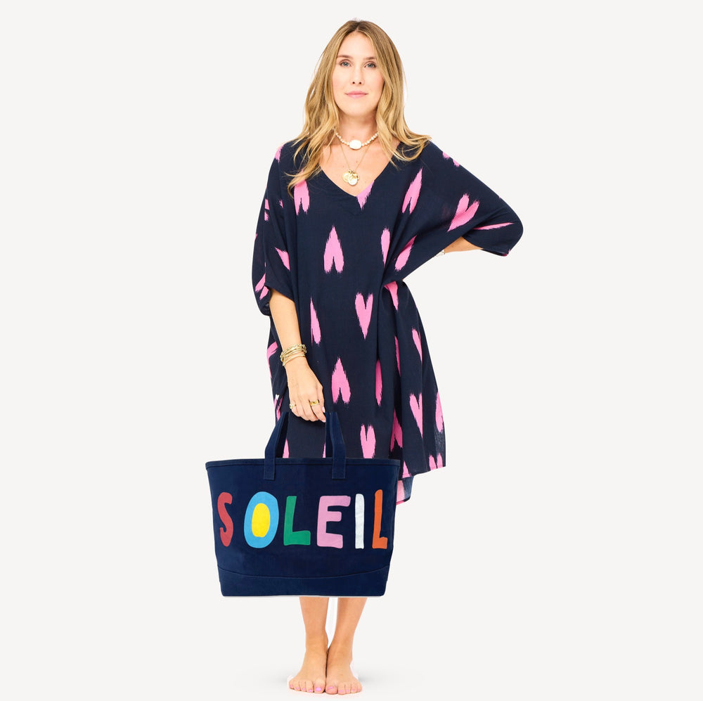 Soleil beach navy blue cotton tote bag and  navy blue beach coverup dress by Kerri Rosenthal